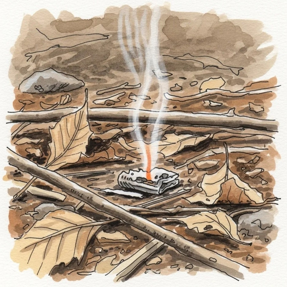 마른 나뭇잎 사이에서 피어나는 작은 연기