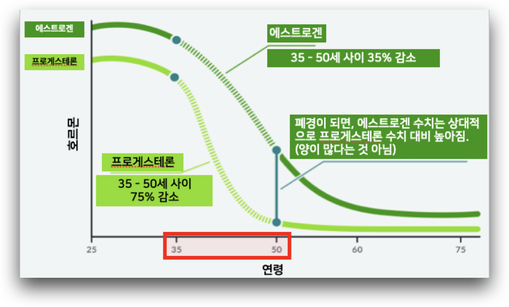 나이에 따른 에스트로겐과 프로게스테론의 수치 변화를 보여주는 그림입니다.