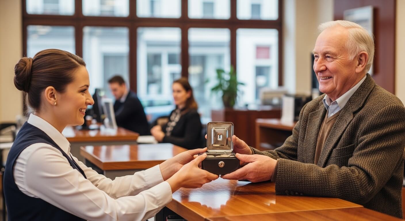 은행 창구에서 직원이 금속 보관함을 웃으며 고객에게 건네는 장면