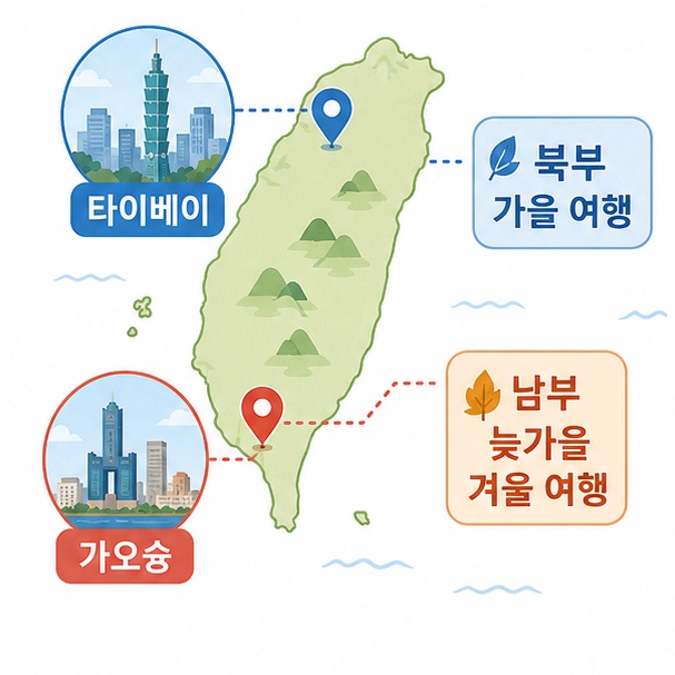대만 북부와 남부의 계절별 여행 특성이 달라 타이베이와 가오슝의 좋은 시기를 비교하는 그림