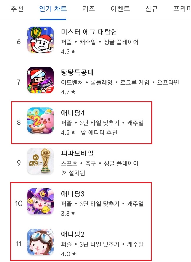 애니팡 시리즈 인기차트 순위