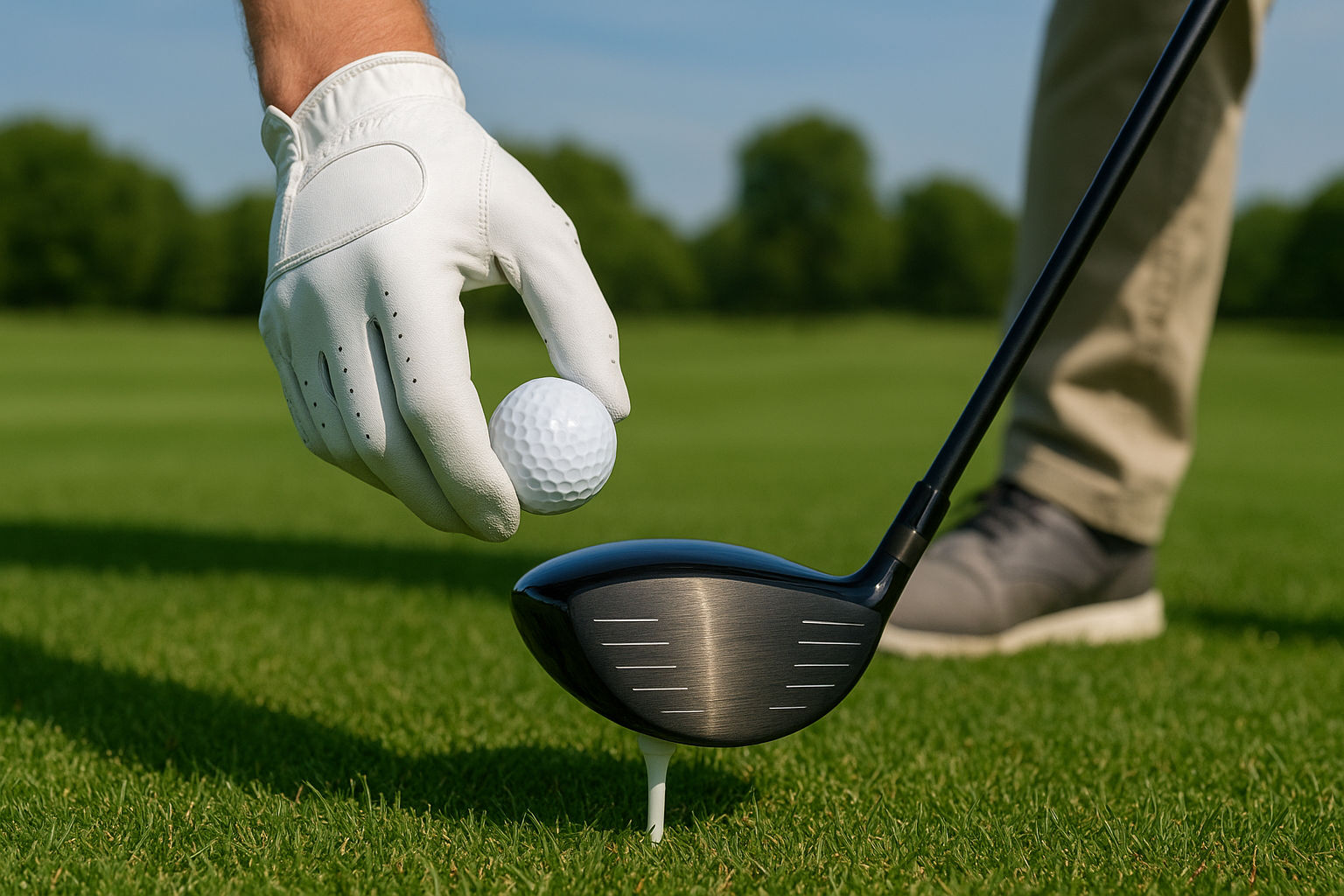 골프 드라이버 티샷하려고 티 위에 볼을 올려놓는 모습