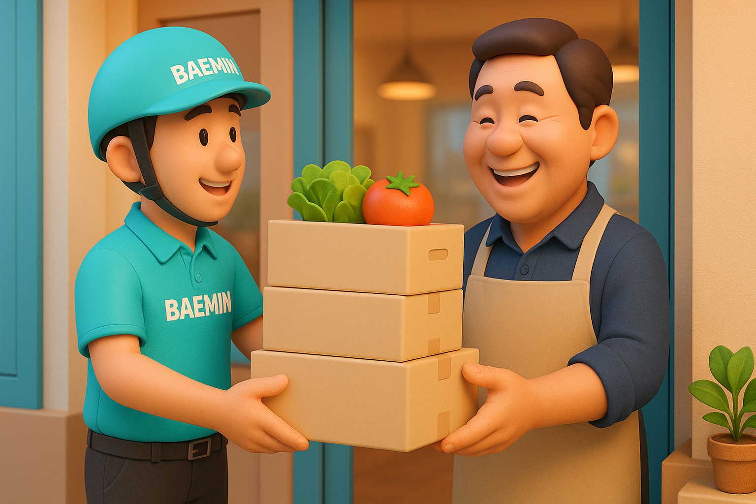 배민상회 배달기사가 식당 사장님에게 식자재를 배달하는 모습. 계획적인 대량 구매를 통해 식자재 비용을 절감하는 장면