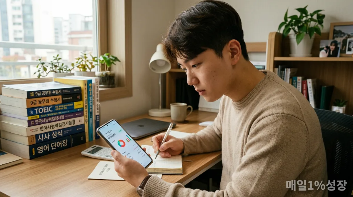 스마트폰으로 예산을 계획하는 한국 학생의 모습