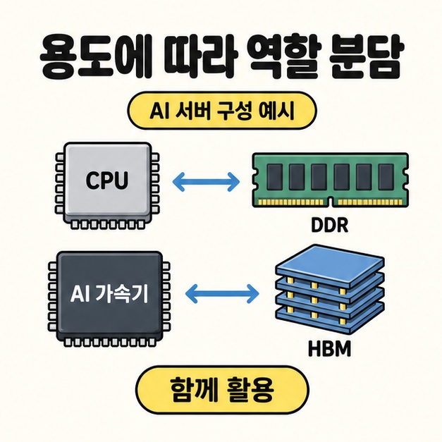 AI 서버 구성 예시에서 CPU와 DDR, AI 가속기와 HBM을 각각 양방향 화살표로 연결하고 함께 활용 문구를 넣은 그림