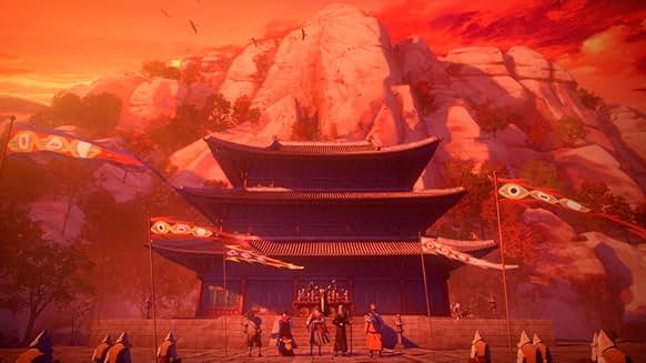 붉은 하늘 아래 전통 건축물이 배경이 된 대규모 의식 장면과 여러 인물들의 집결