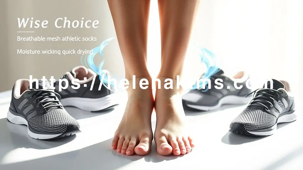 건강하고 깨끗한 발톱이 돋보이는 발이 중앙에 놓여 있습니다. 발 주변에는 통풍이 잘 되는 메쉬 소재의 운동화와 땀 흡수 및 건조 기능이 뛰어난 기능성 양말이 정돈되게 배치되어 있습니다.