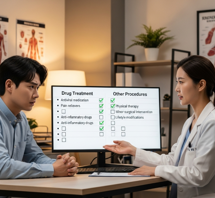 고민하는 표정의 한 사람이 의사와 상담하고 있다. 화면에는 두 가지 치료 방안, 즉 약물 치료와 다른 시술 방법에 대한 체크리스트가 표시되어 있다.