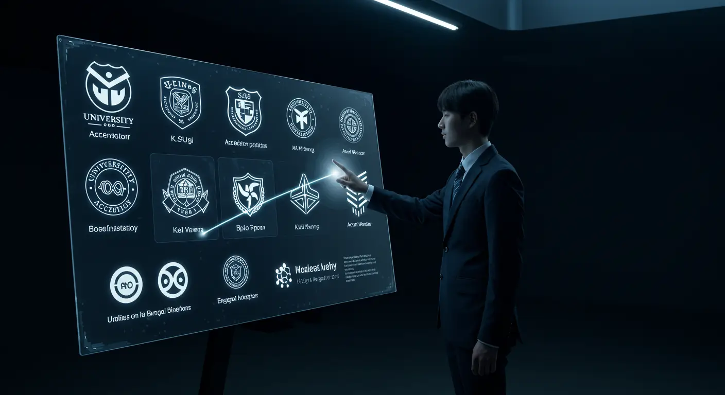 한 창업가가 여러 초기창업패키지 주관기관 로고들 중에서, 자신의 사업 분야에 맞는 최적의 기관을 전략적으로 선택하는 모습