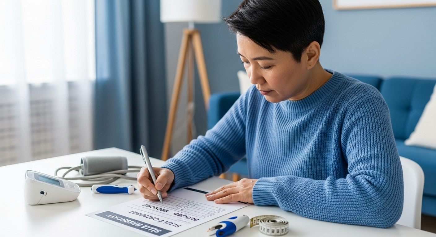 집에서 대사증후군 자가진단 체크리스트를 확인하며 건강 상태를 점검하는 사람.