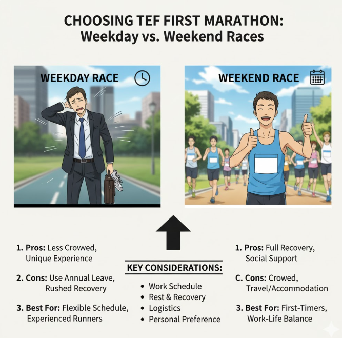 직장인 첫 마라톤 대회 선택 기준 - 평일 vs 주말 대회