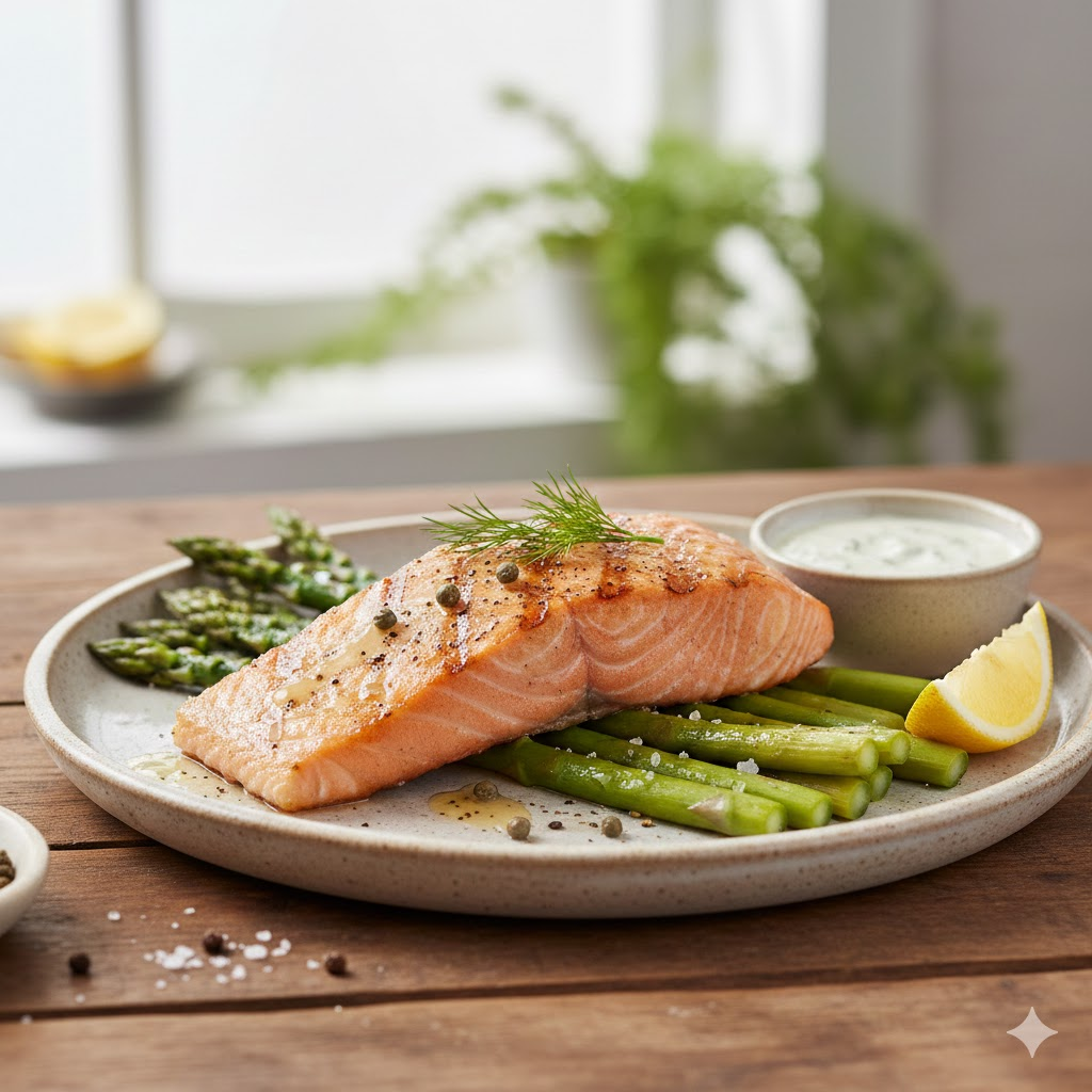 노릇하게 구운 연어 스테이크와 신선한 아스파라거스가 차려진 건강한 식단 사진