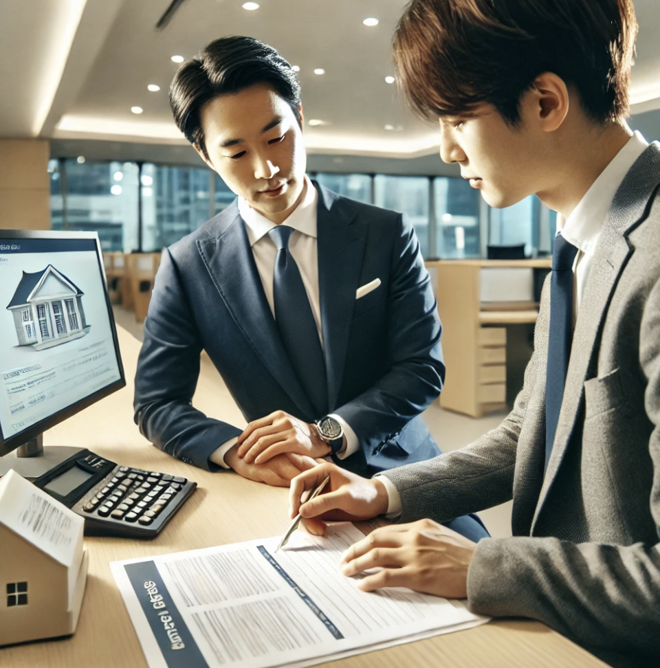 은행에서 주택담보대출 상담을 받는 고객과 직원