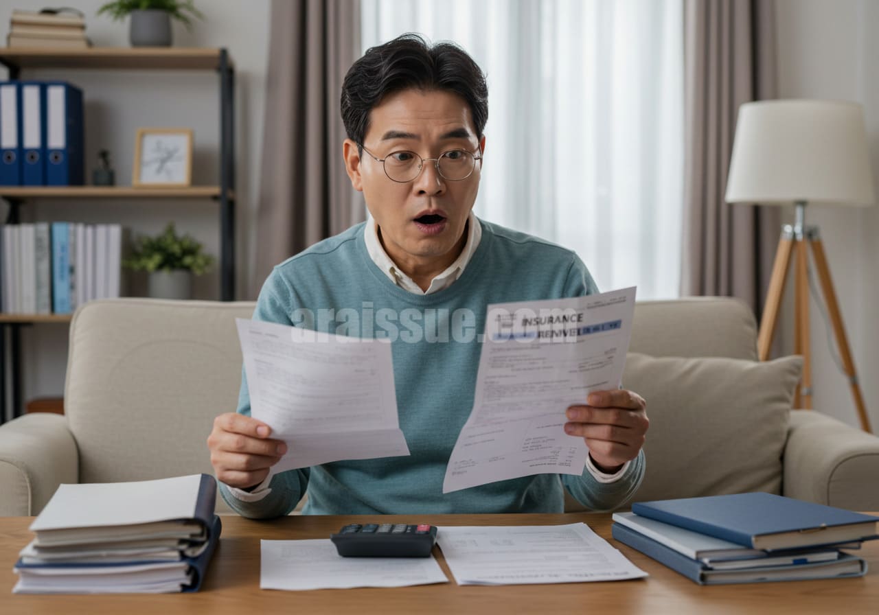 한국 중년 남성이 집에서 보험 갱신 안내서를 읽고 예상보다 오른 보험료에 놀란 표정으로 계산기를 들고 있는 장면. 식탁 위에는 여러 서류와 청구서가 놓여 있고, 거실 책장 등 실내 배경이 가득한 현실적인 이미지.
