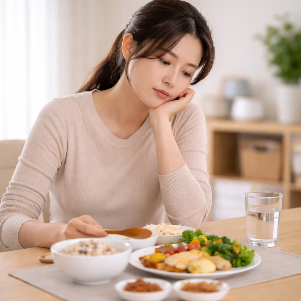 크론병에서 나타날 수 있는 식욕 저하와 체중 감소를 은유적으로 표현한 이미지