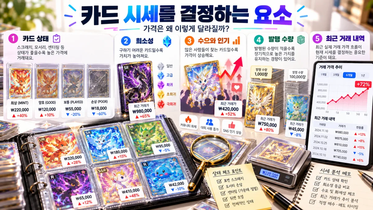 포켓몬 카드 가격 결정 요인 상태 희소성 수요 공급 최근 거래를 보여주는 인포그래픽