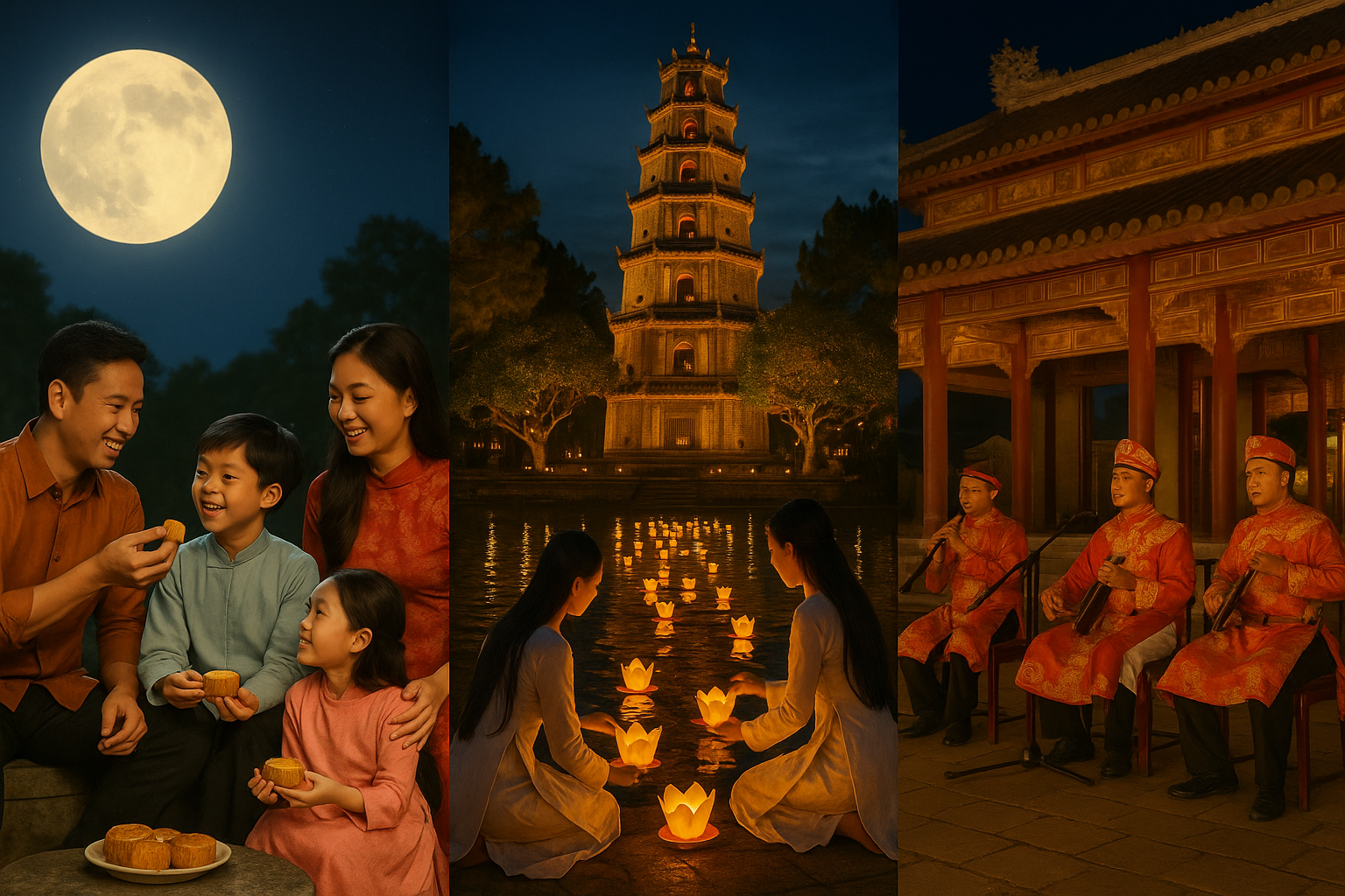 가족이 보름달 아래 월병을 나누고, 티엔무 사원 앞 퍼퓸 강 위에 연등이 떠 있으며, 후에 황성에서 전통 궁중 음악이 연주되는 세 가지 장면