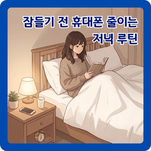 따뜻한 조명 아래 침대에서 책을 읽는 여성과 옆 테이블의 휴대폰, 물컵, 알람시계가 보이는 저녁 루틴 대표 이미지