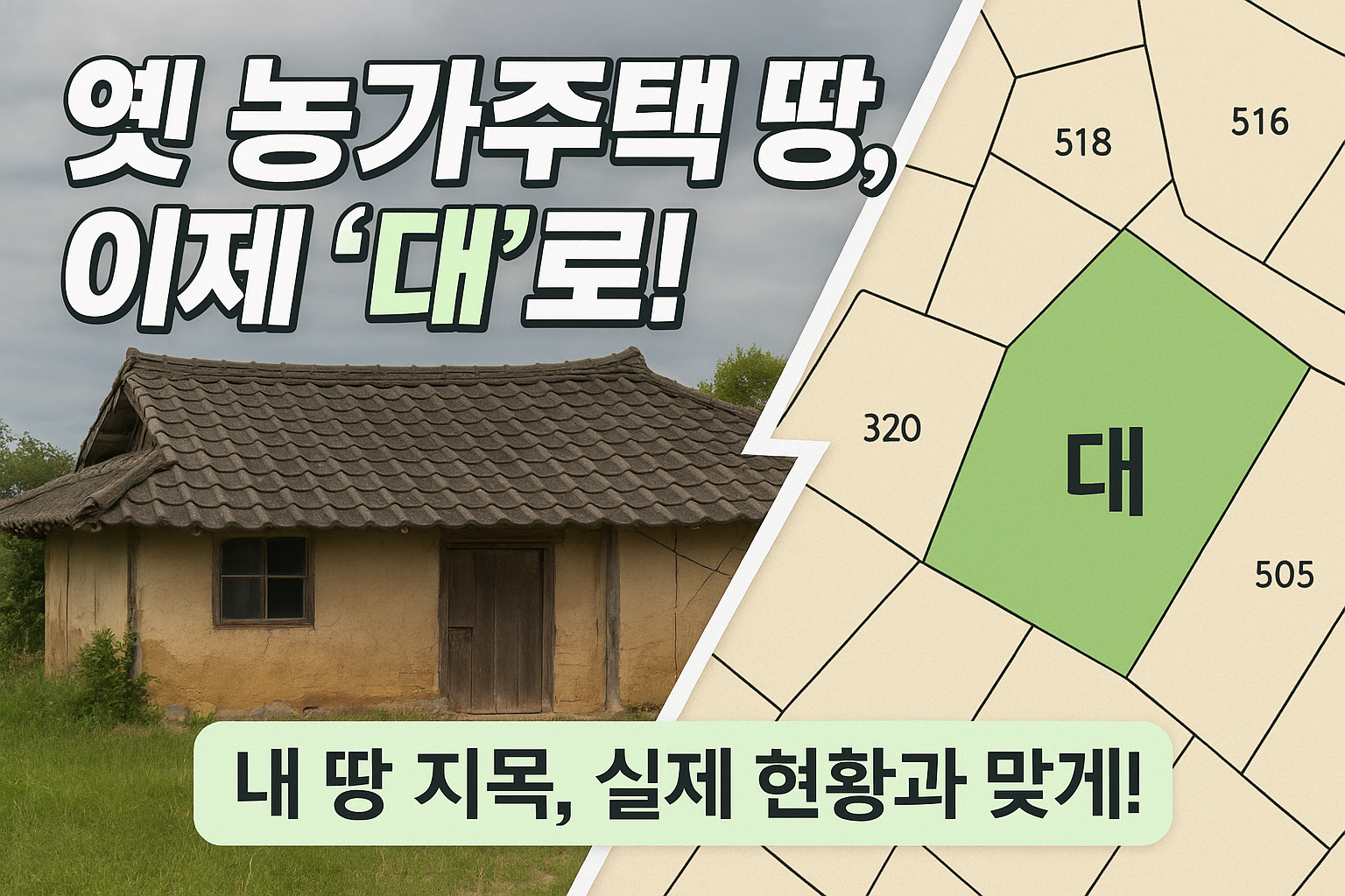 오래된 농가주택과 지적도 대비 이미지. 왼쪽에는 낡은 시골 농가가, 오른쪽에는 ‘대’로 표시된 지적도가 배치되어 있으며, 상단에는 ‘옛 농가주택 땅, 이제 ‘대’로!’, 하단에는 ‘내 땅 지목, 실제 현황과 맞게!’라는 문구가 적혀 있다.