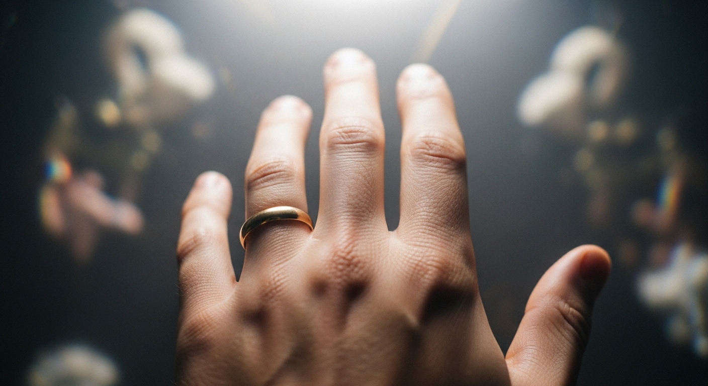 인셉션에서 꿈 속에 있는 코브의 손에 끼워진 결혼반지를 클로즈업한 이미지.