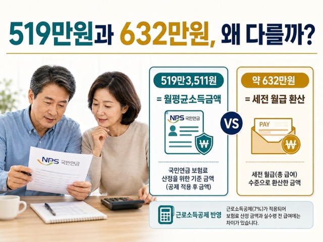 국민연금 감액 기준인 월평균소득금액 519만3,511원과 근로소득공제 전 세전 월급 약 632만원의 차이를 비교한 이미지