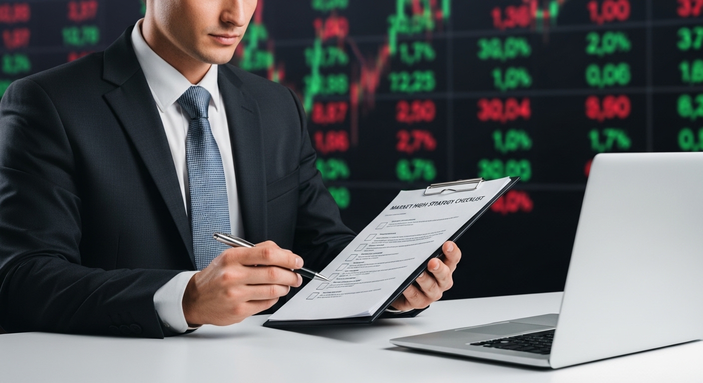 체크리스트를 보며 자신의 투자 계획을 점검하는 투자자의 차분하고 안정된 모습