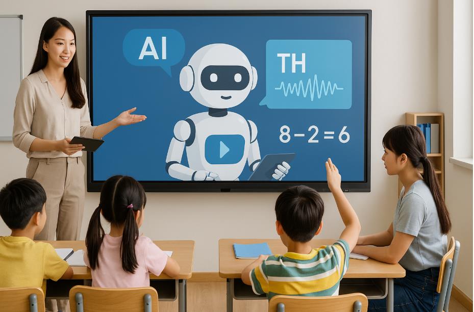 초등학생들이 AI 화면을 보면서 질문하는 것을 교사가 옆에서 보조하며 지도하는 모습