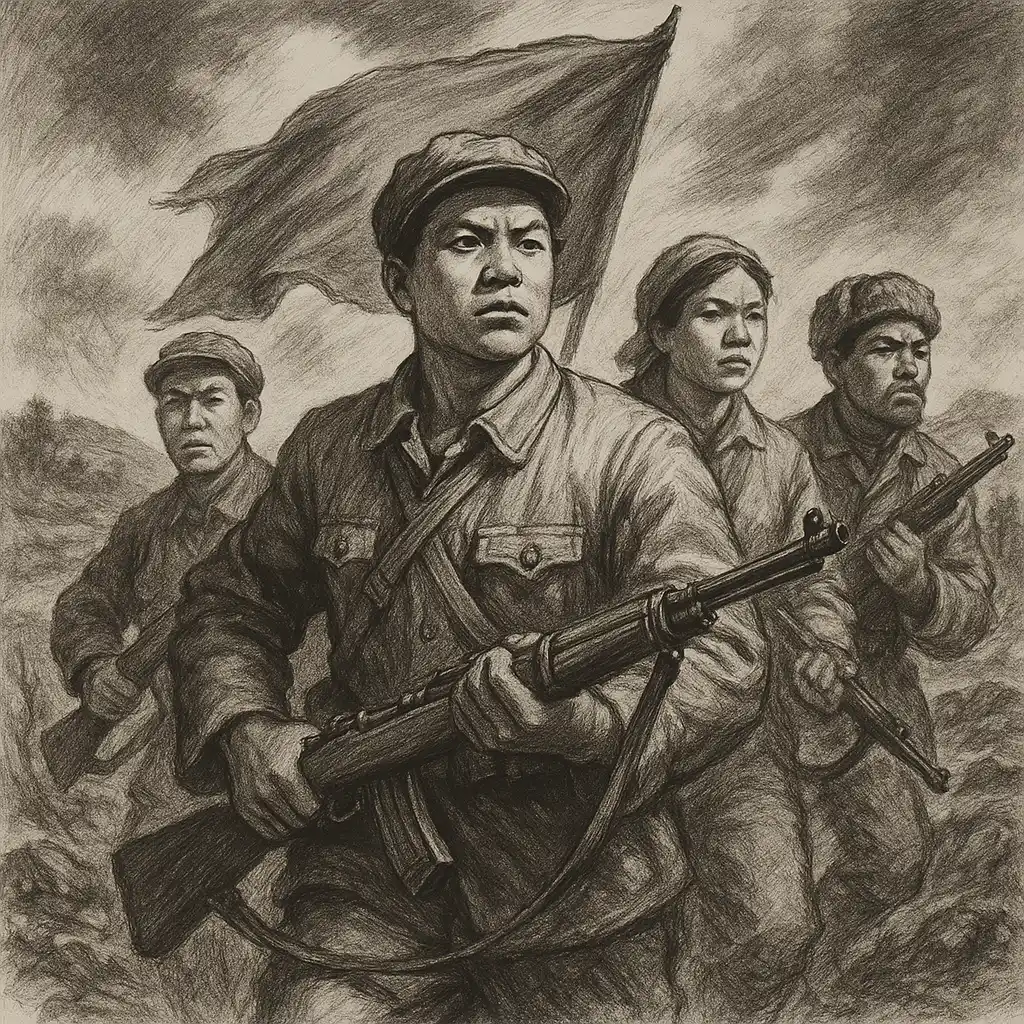 흑백 스타일로 표현된 항일 무장 투쟁 시기 혁명군 일러스트