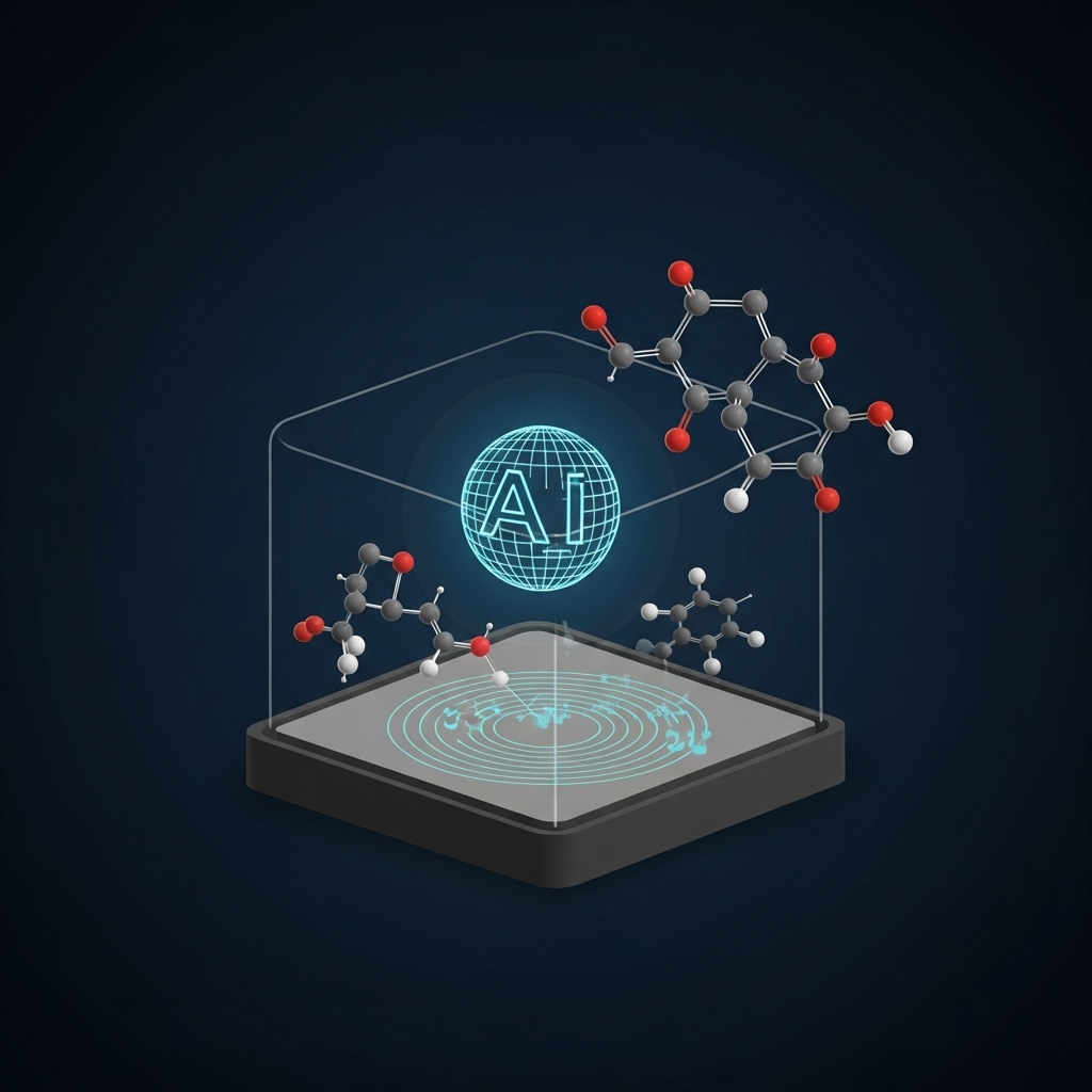 인공지능이 3D 분자 구조를 분석하며 신약 후보 물질을 빠르게 발굴하는 모습