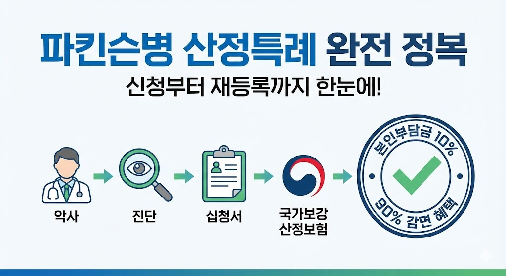 파킨슨병 산정특례 신청부터 재등록까지의 과정을 아이콘과 도장으로 알기 쉽게 정리한 인포그래픽 스타일 썸네일 이미지.