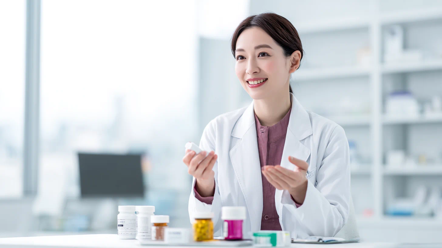 의사가 책상 위 여러 약통을 놓고 설명하는 장면