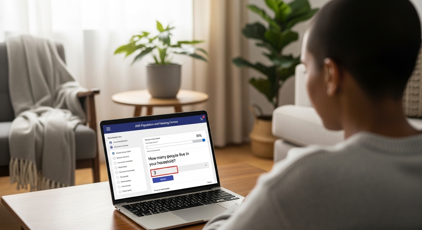 집에서 노트북으로 2025 인구주택총조사 온라인 설문에 참여하는 사람의 모습.