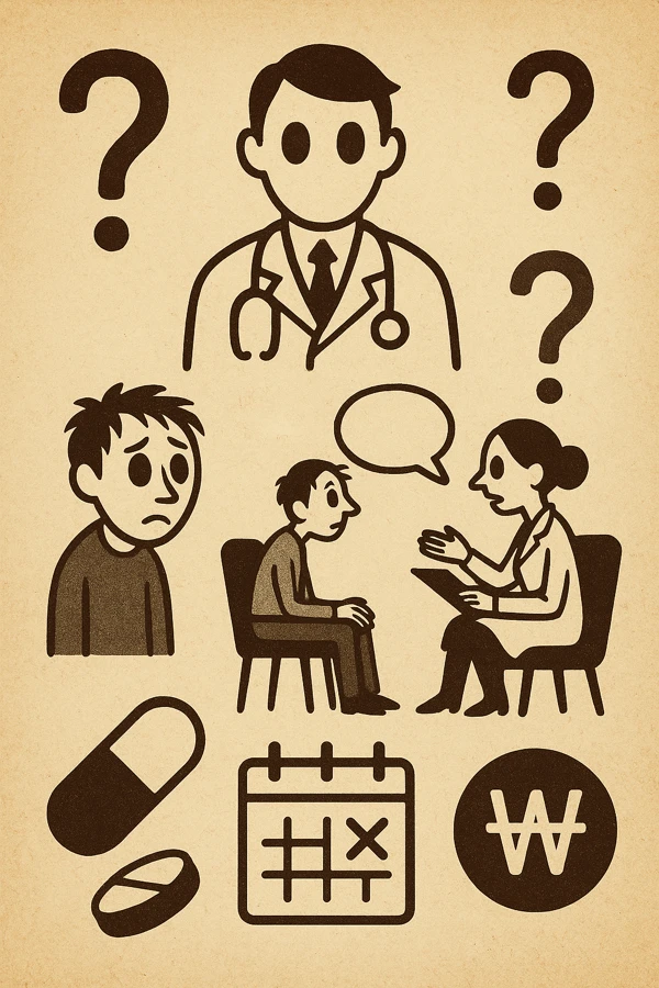 정신과 진료 관련 아이콘: 물음표, 의사 가운, 상담 장면, 약 캡슐, 달력 예약 표시, 원화 기호 등으로 구성된 상징적 이미지