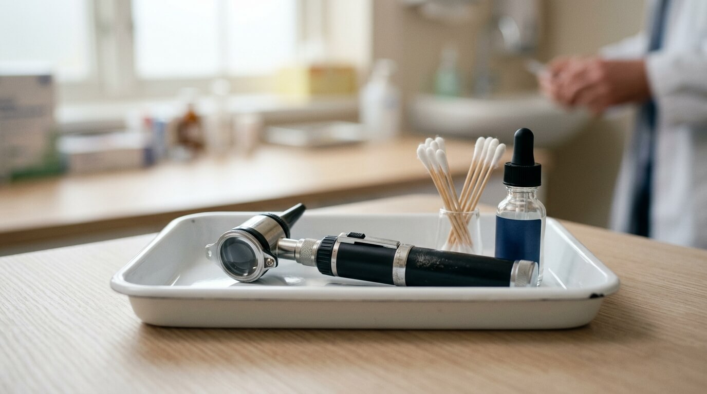 이경과 의료 도구가 놓인 병원 트레이, 외이염 중이염 예방을 위한 귀 건강 검진