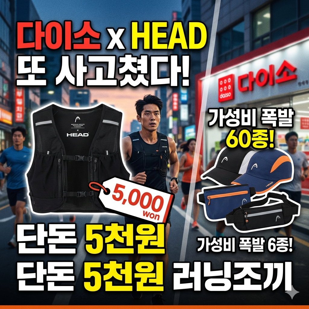 다이소와 스포츠 브랜드 헤드(HEAD) 협업 러닝 조끼 및 의류 제품 이미지