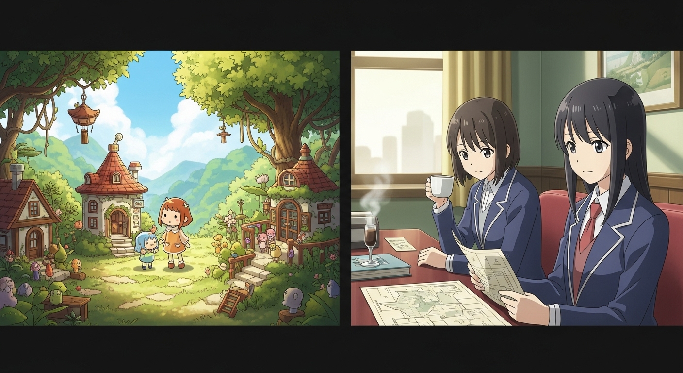 소인족 캐릭터들이 아기자기한 일상을 보내거나, 세련된 배경에서 미스터리한 분위기를 풍기는 애니메이션 장면. 아늑하거나 차분한 느낌을 줍니다.