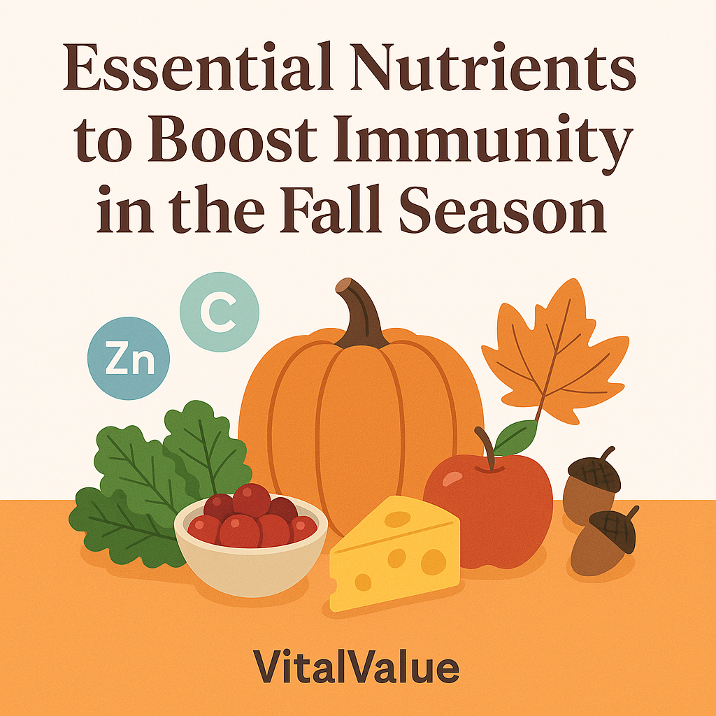 Thumbnail illustration of autumn foods rich in essential nutrients to boost immunity, with icons of vitamins and seasonal produce, VitalValue health blog
