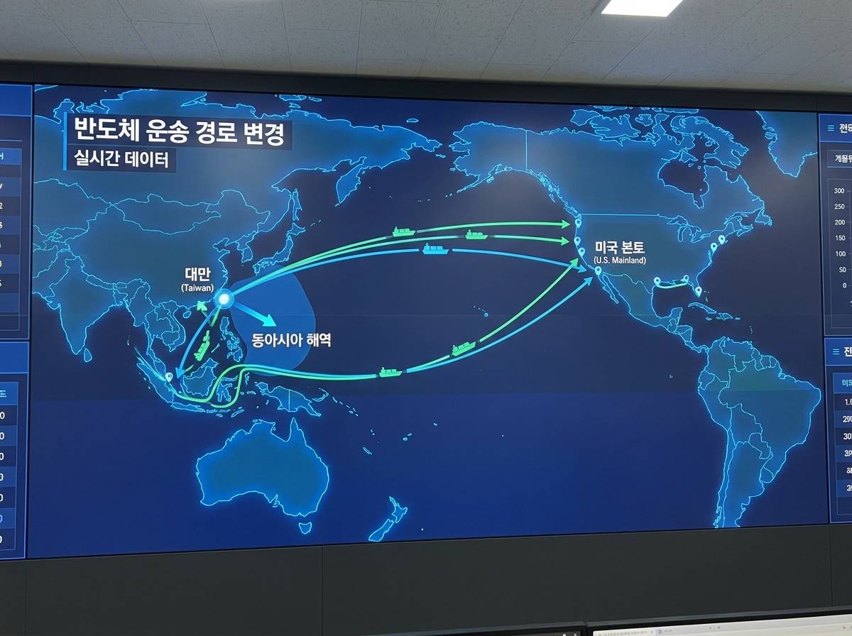 세계 지도 위에서 대만과 미국을 잇는 반도체 운송선들이 경로를 변경하여 미국 본토로 향하는 디지털 지도 시각화