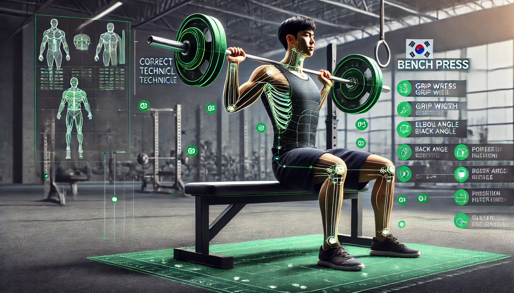 올바른 벤치프레스 자세와 기술을 설명하는 한국형 피트니스 일러스트. 적절한 그립 넓이, 팔꿈치 각도, 허리 아치, 발 위치 등이 초록색 가이드라인으로 강조됨.