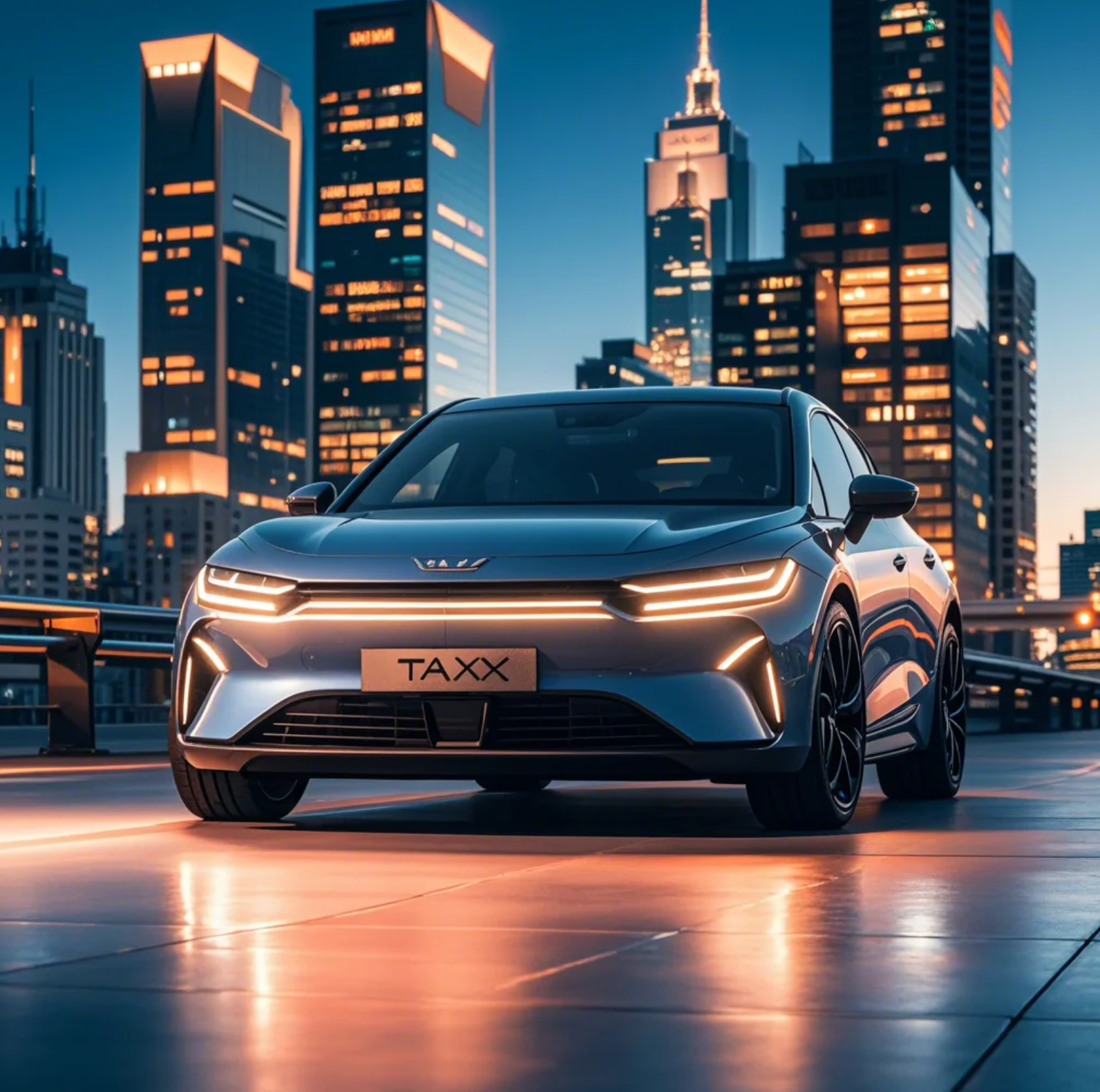 2025년 자동차세 카드 납부 혜택을 상징하는 세련된 도시 배경 속 현대적인 자동차, 금융 및 세금 절감 개념을 반영한 프로모션 이미지