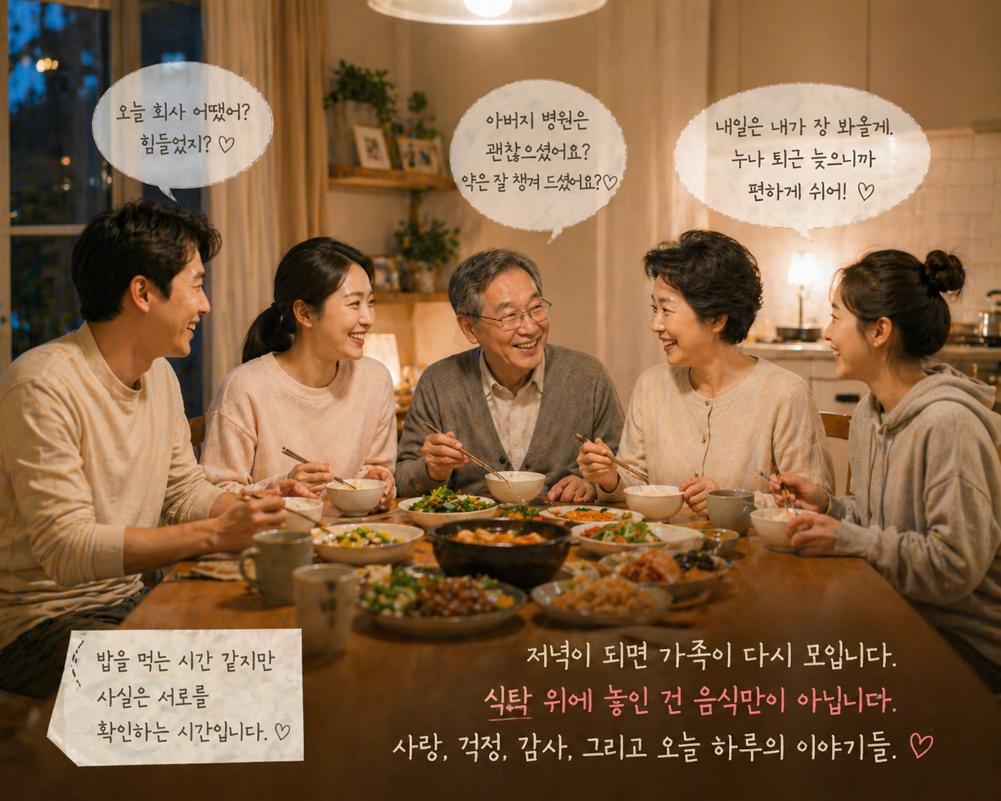 저녁 식탁에 가족이 둘러앉아 웃으며 하루 이야기를 나누는 따뜻한 가정집 저녁 식사 장면