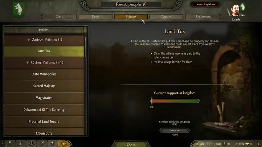 마운트 앤 블레이드 2 배너로드 왕국 정책