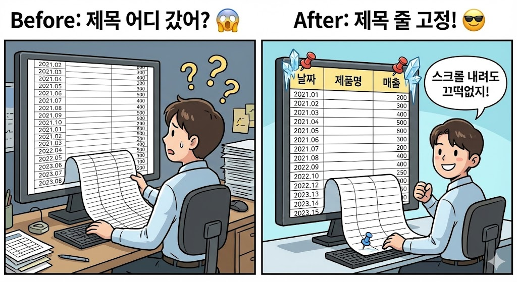 행/열 고정하기: 스크롤 내려도 제목 줄 계속 보이게 설정하는 법 (구글 스프레드시트 필수 기능)