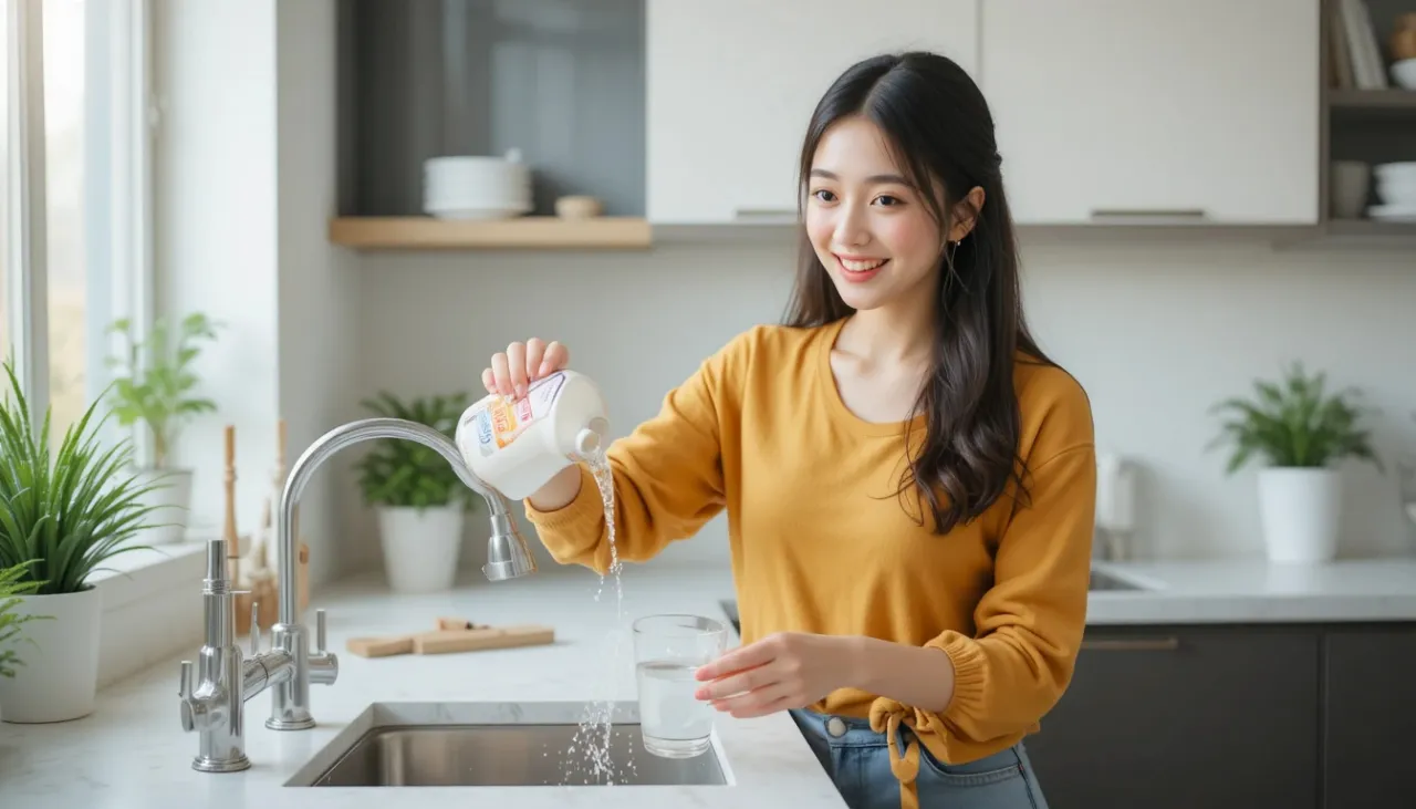 싱크대 냄새 제거방법으로 배수구에 식초와 베이킹소다를 붓는 모습