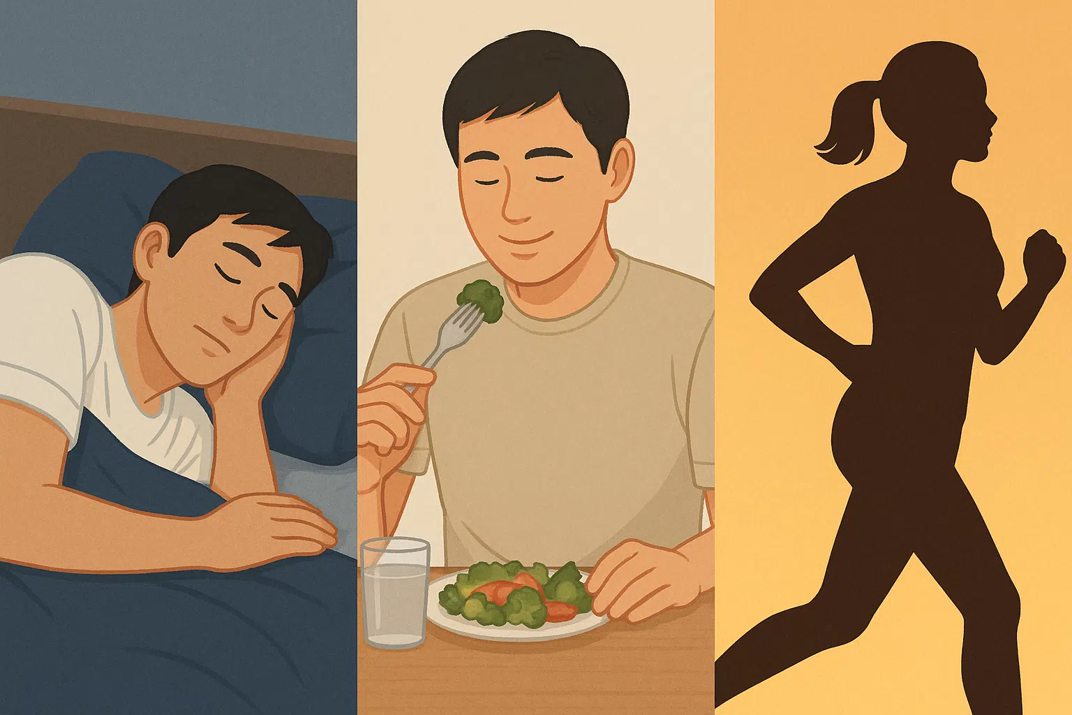 숙면 중인 사람, 건강한 식사를 하는 모습, 규칙적으로 운동하는 사람의 실루엣
