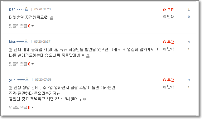 휴일이 적다는 기사에 달린 댓글들