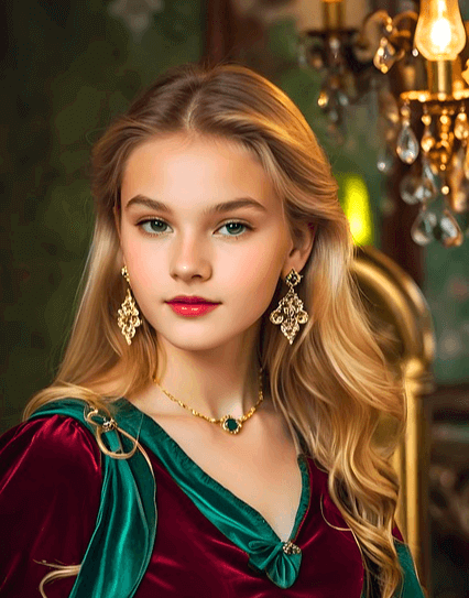금발의 젉고 부자인 미녀가 화려한 귀걸이를 하고 벨벳 드레스를 입은 채 정면을 바라본다.