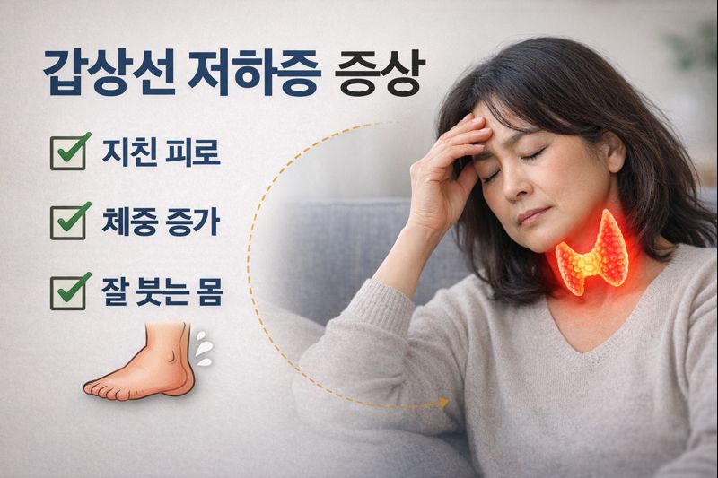갑상선 기능저하증(저하증) 증상 인포그래픽: 지친 피로, 체중 증가, 잘 붓는 몸과 피곤한 중년 여성