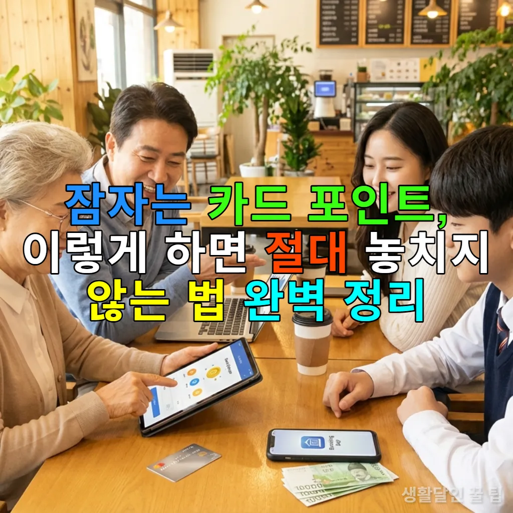 다양한 연령대의 한국인들이 스마트폰과 노트북으로 카드 포인트를 확인하고 활용하는 모습