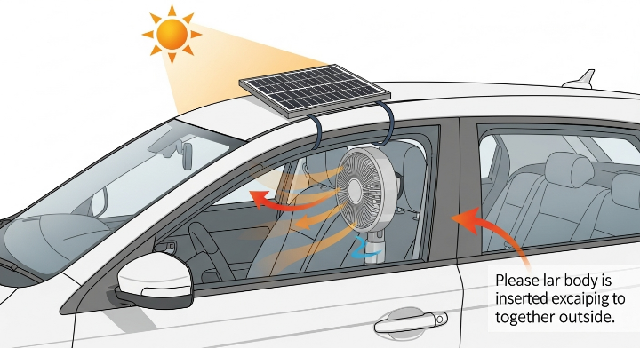 차량 측면 창문이 살짝 열린 틈에 외부 방향으로 설치된 태양광 미니 환풍기. 팬 상단에 장착된 태양광 패널이 햇빛을 직접 받으며 작동 중인 모습.